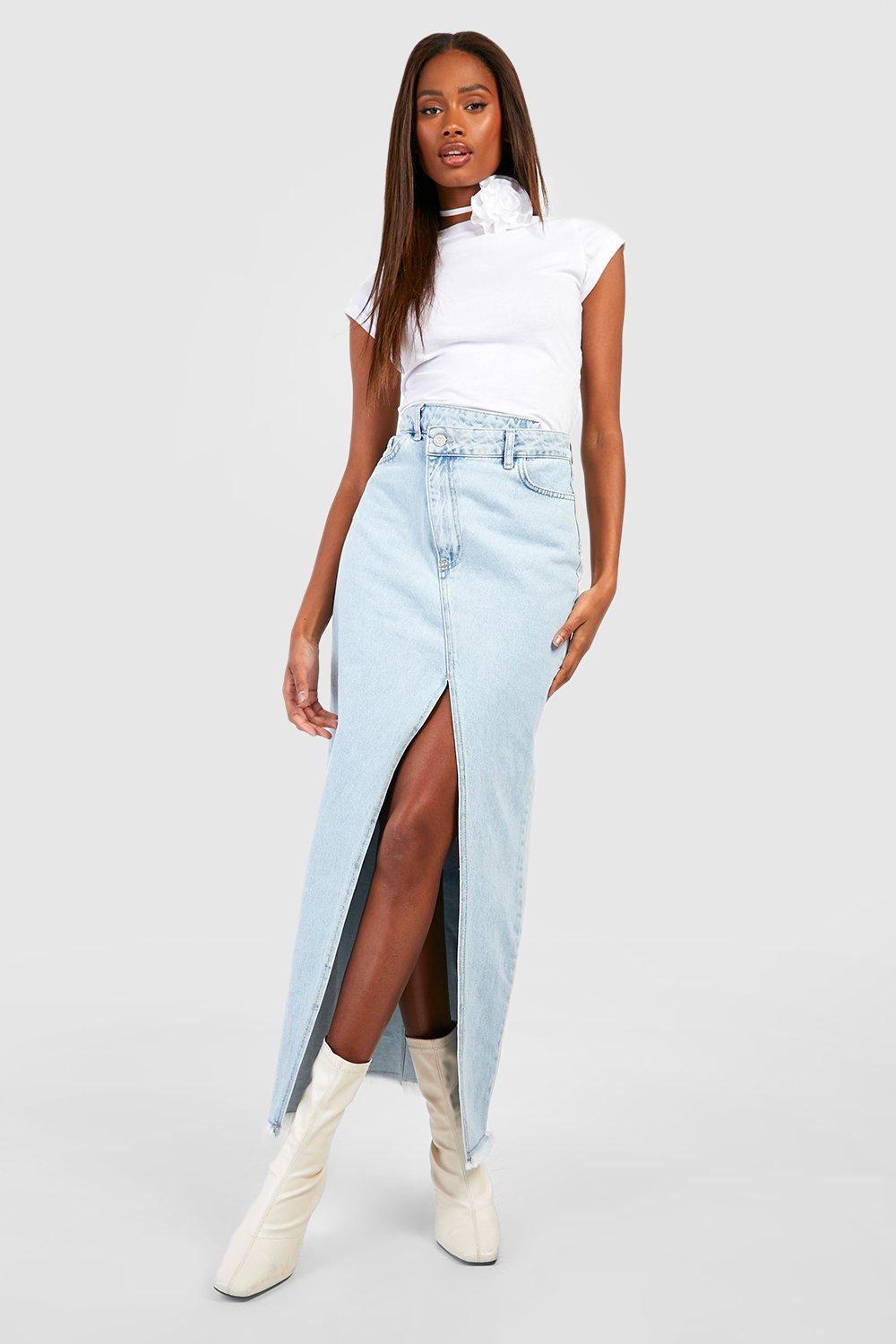 Asymmetric Hem Split Front Denim Maxi Skirt | boohoo